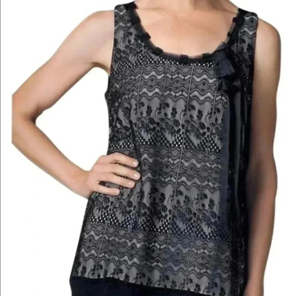 Cabi Black Lace Bow Tank Nude Underlayer Style 552 Office Work Women's Size M